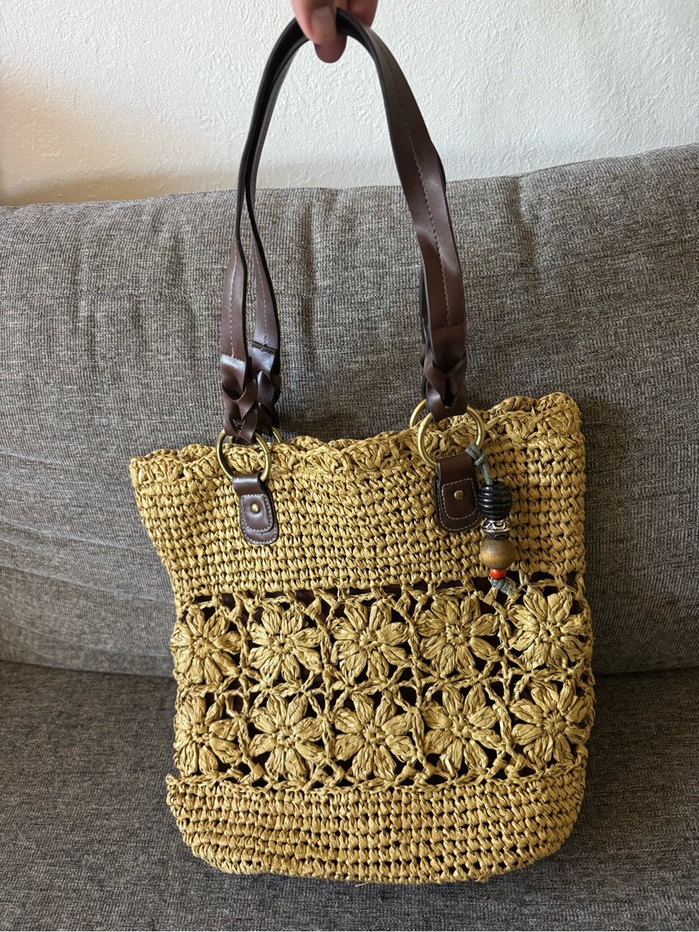 Boho Crochet Tote Bag with Brown Handles - Mustard